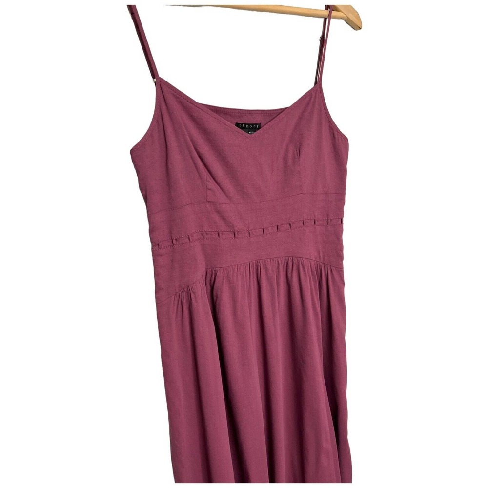 Theory Linen Spaghetti Strap V Neck Fit Flare Lattice Pockets Dress Plum 2 - Picture 5 of 13